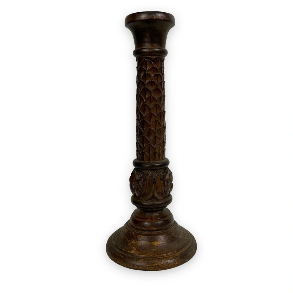 Candle Stick Holders Set of 2 Wooden Hand Carved Vintage Leaf Decor